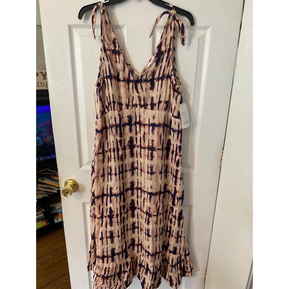 Time and Tru Womens Tie Dye Midi Dress Tie Shoulder Ruffle Hem Cream Blue Large